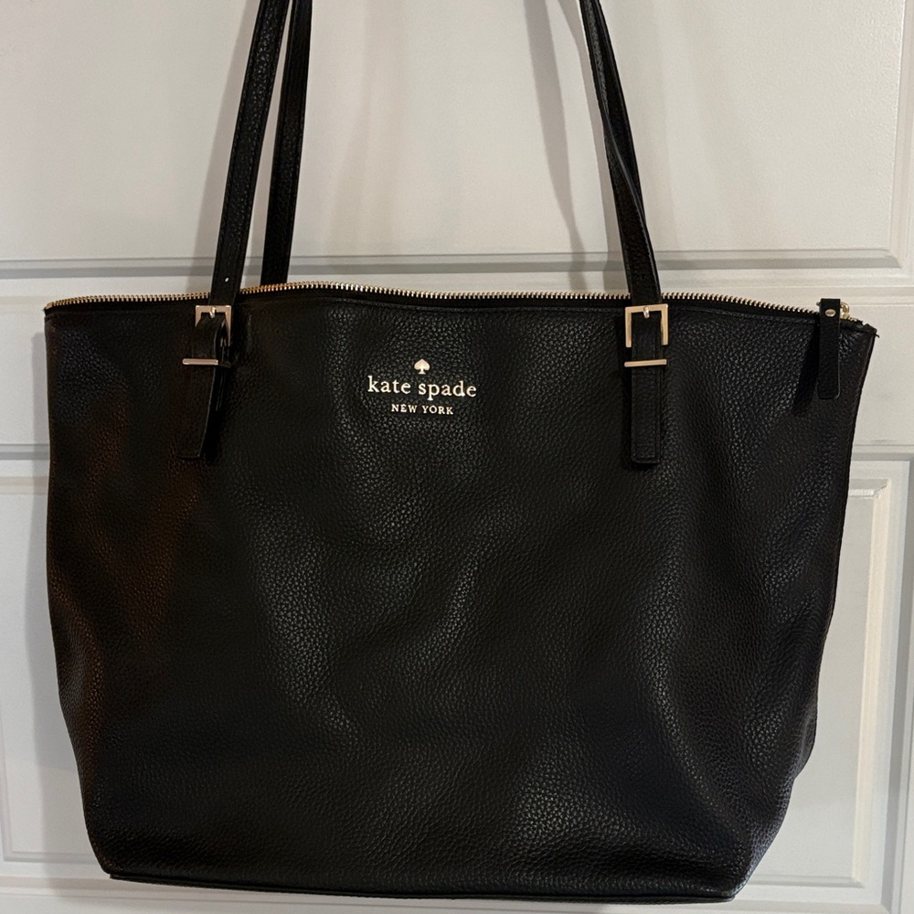kate spade black pebble leather tote with gold logo